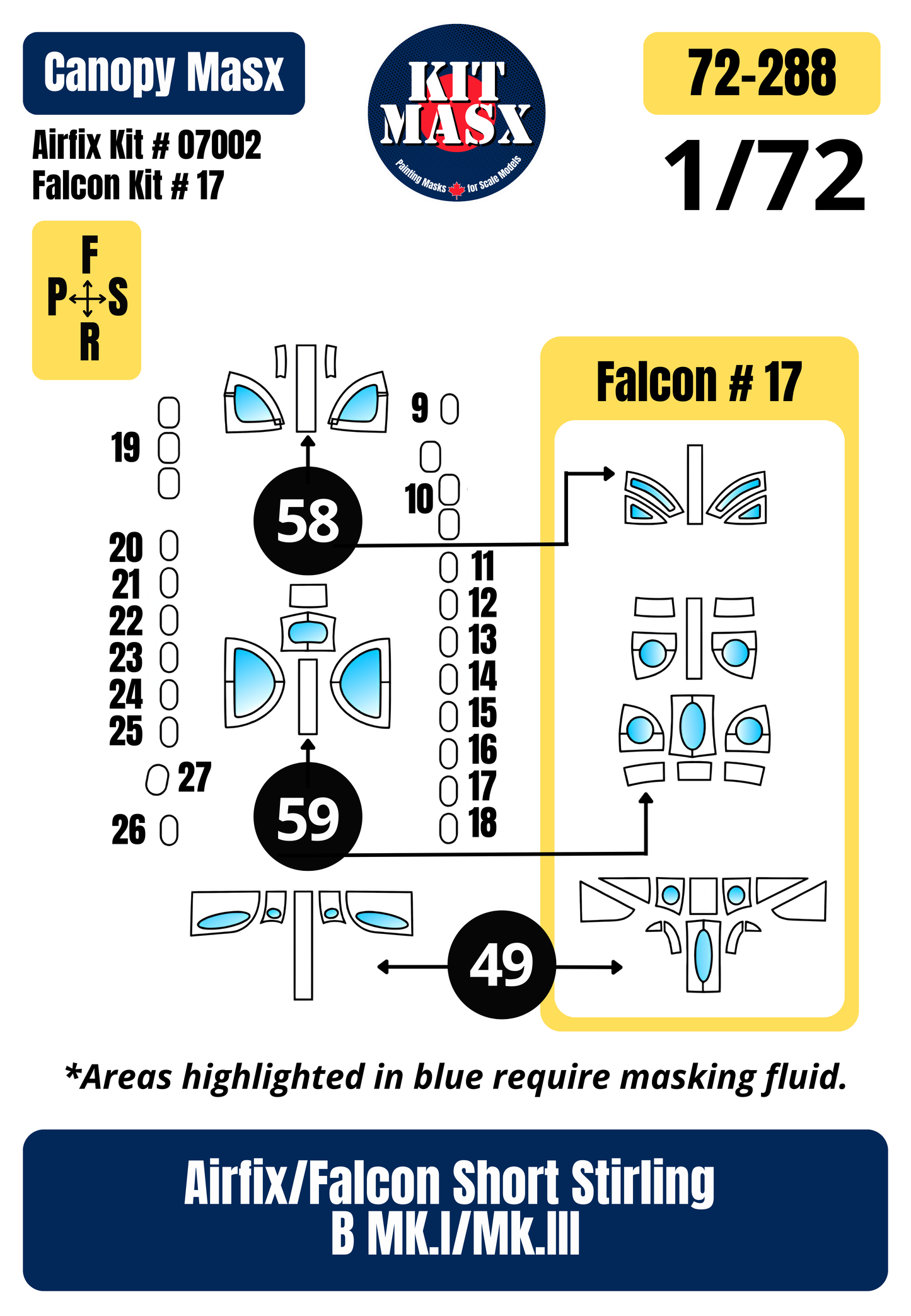 Airfix + Falcon Short Stirling B MK.I/Mk.III 1/72 Canopy Paint Masks, Kit # 07002 + 17