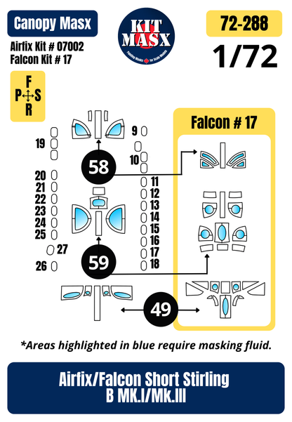 Airfix + Falcon Short Stirling B MK.I/Mk.III 1/72 Canopy Paint Masks, Kit # 07002 + 17