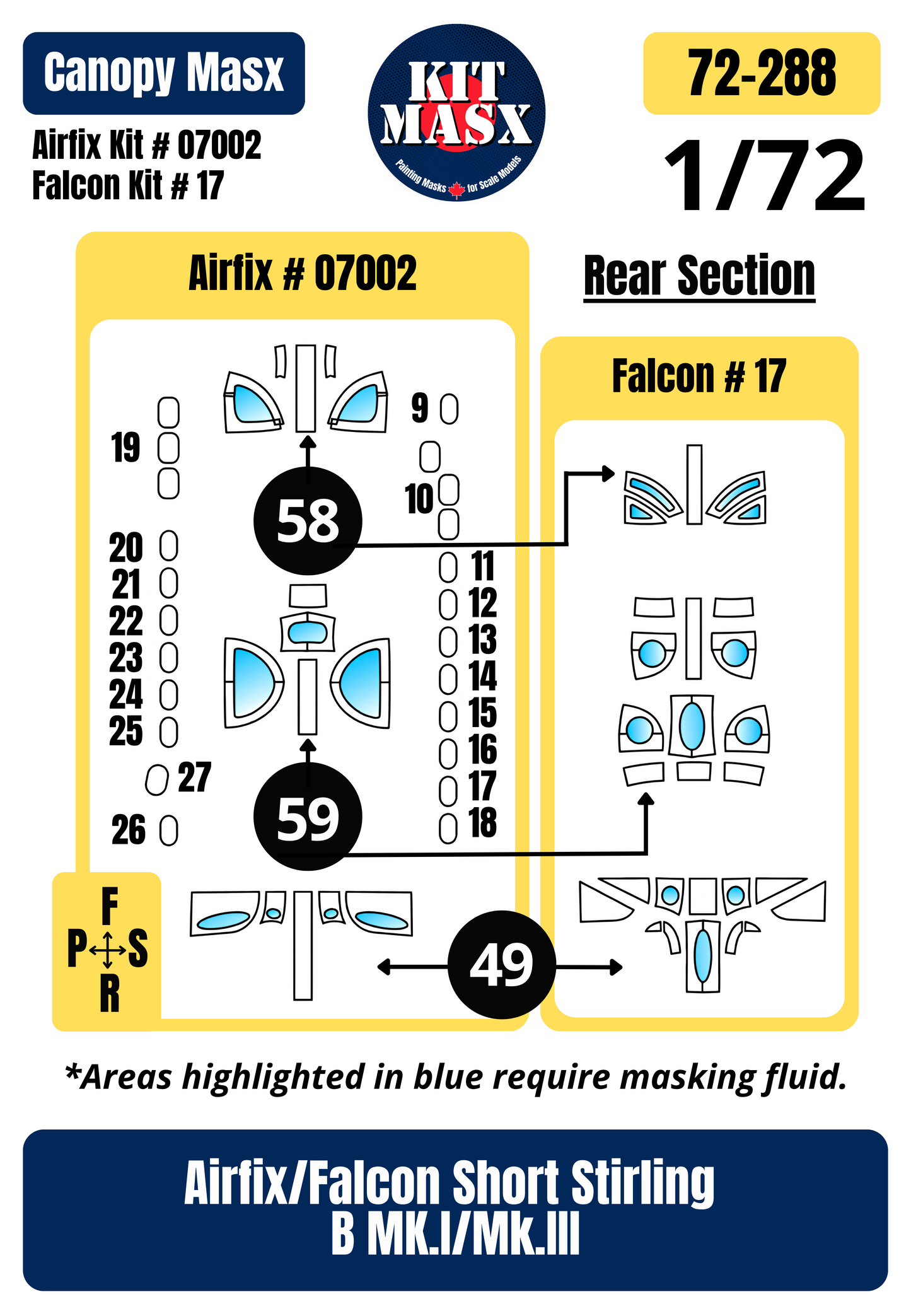 Airfix + Falcon Short Stirling B MK.I/Mk.III 1/72 Canopy Paint Masks, Kit # 07002 + 17 (72288)