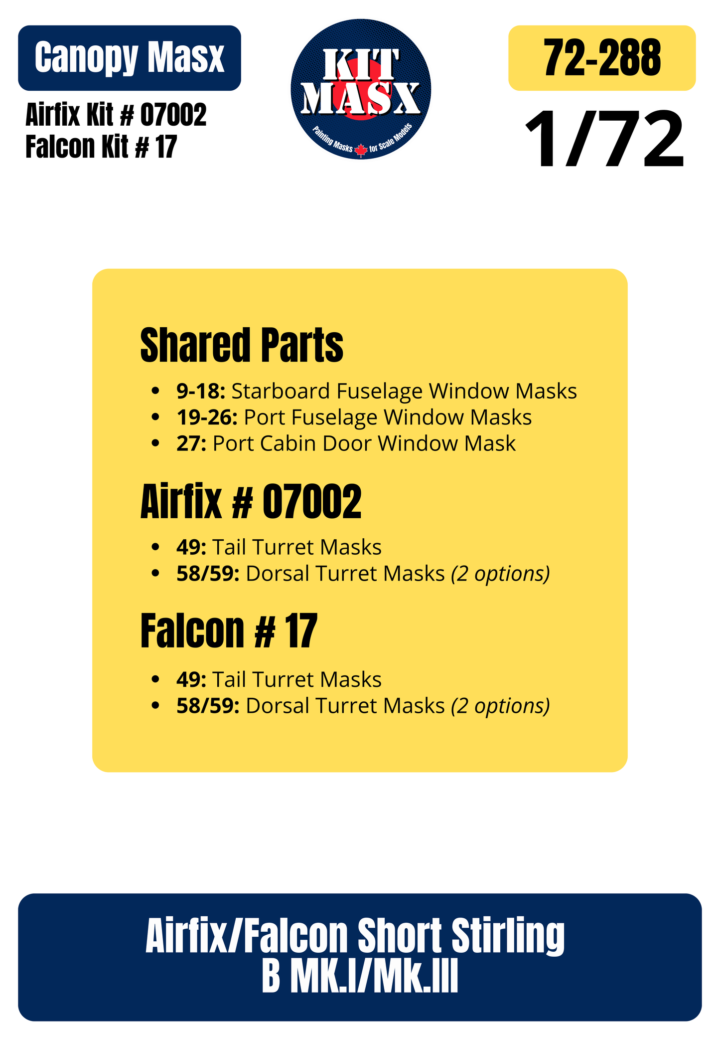 Airfix + Falcon Short Stirling B MK.I/Mk.III 1/72 Canopy Paint Masks, Kit # 07002 + 17