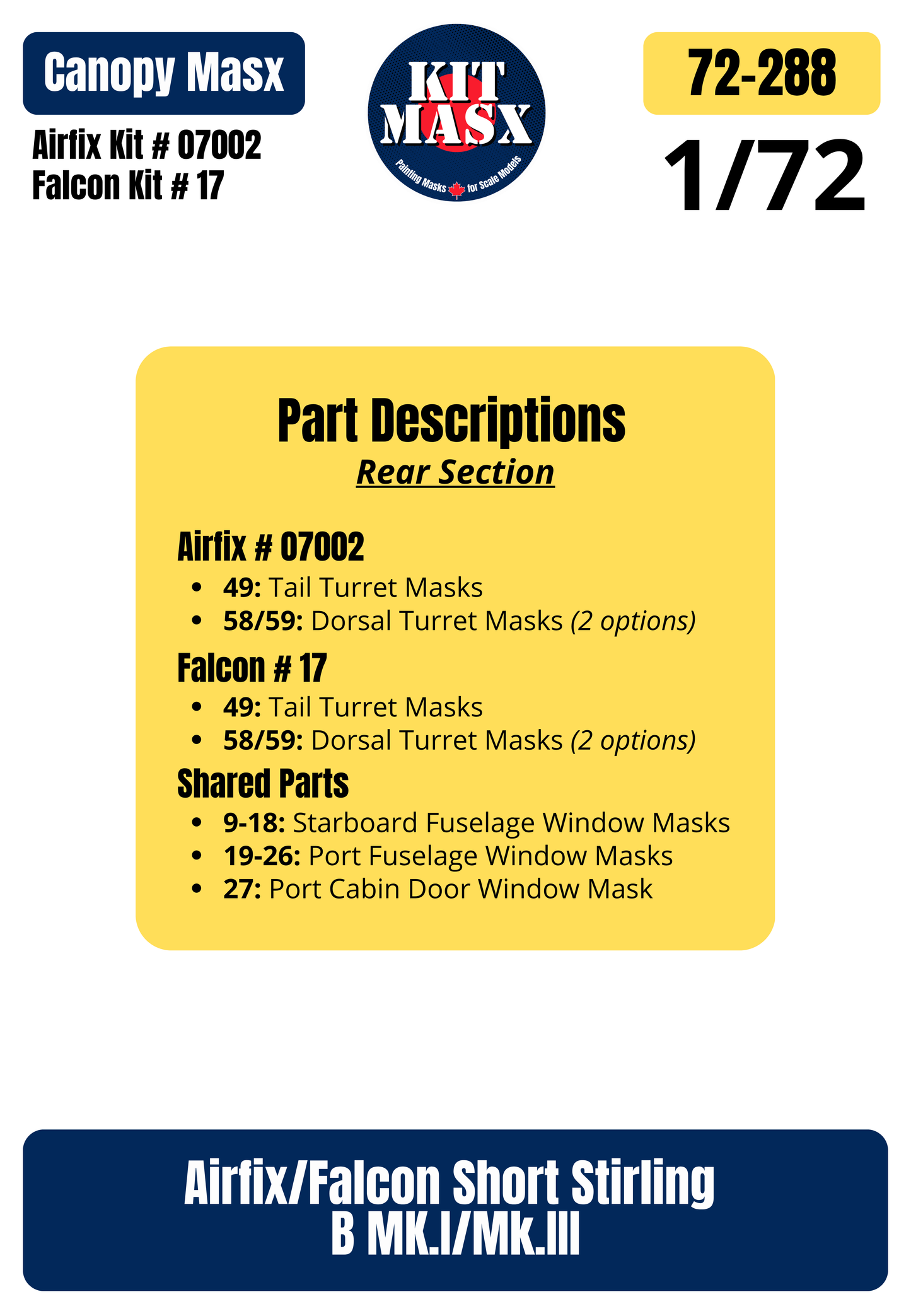 Airfix + Falcon Short Stirling B MK.I/Mk.III 1/72 Canopy Paint Masks, Kit # 07002 + 17 (72288)