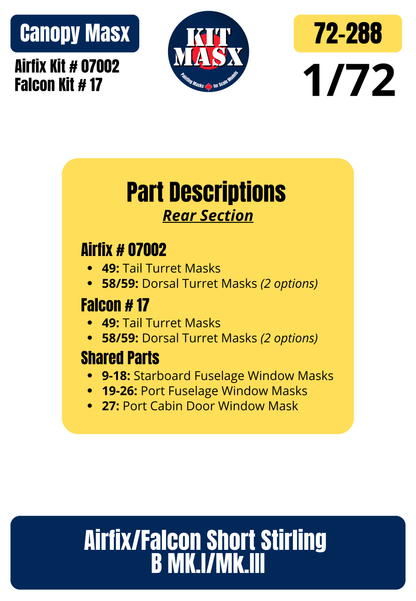 Airfix + Falcon Short Stirling B MK.I/Mk.III 1/72 Canopy Paint Masks, Kit # 07002 + 17 (72288)