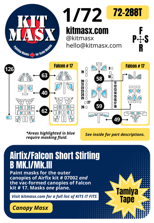 Airfix + Falcon Short Stirling B MK.I/Mk.III 1/72 Canopy Paint Masks, Kit # 07002 + 17 (72288)