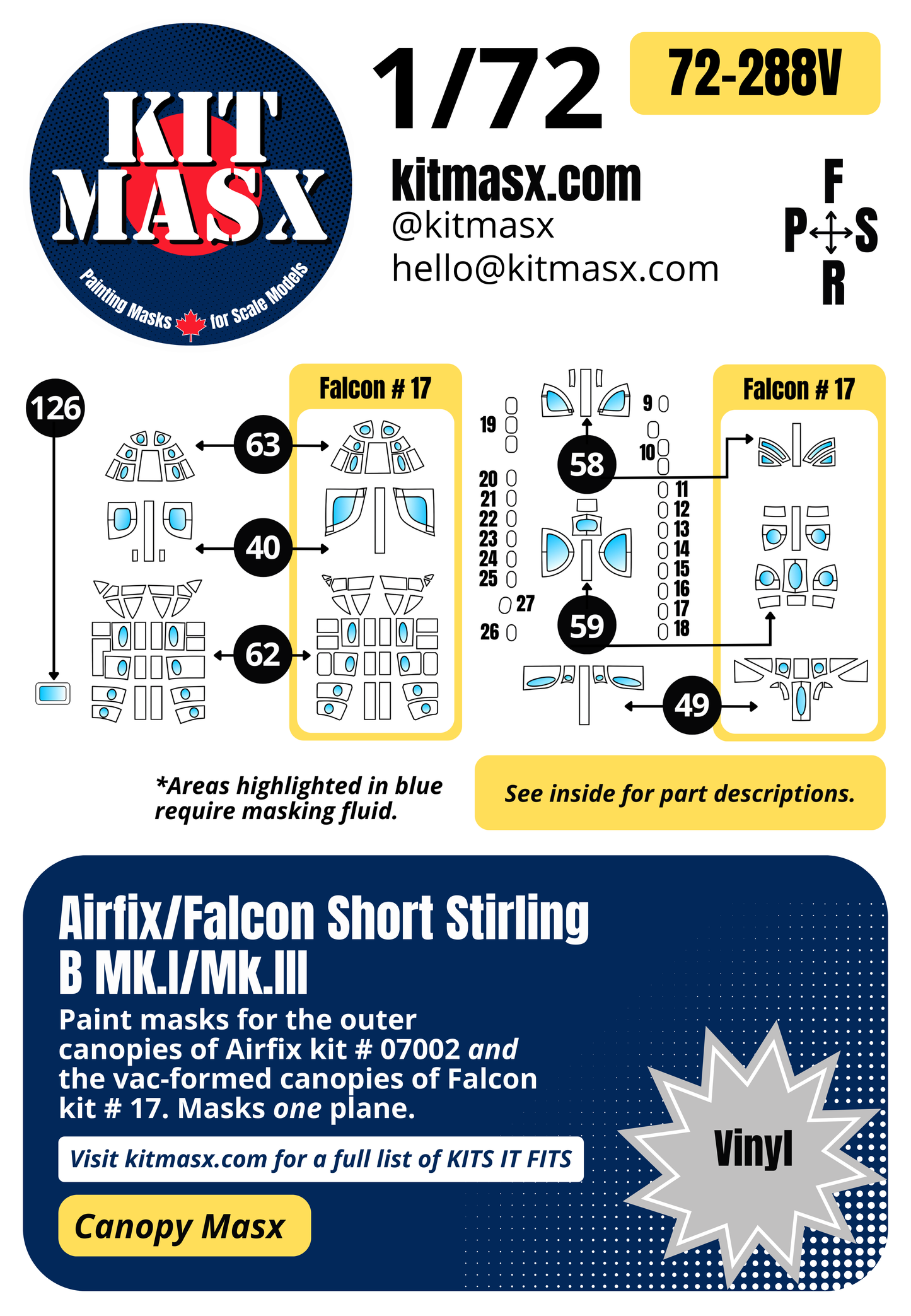Airfix + Falcon Short Stirling B MK.I/Mk.III 1/72 Canopy Paint Masks, Kit # 07002 + 17
