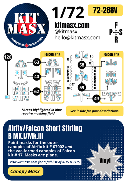 Airfix + Falcon Short Stirling B MK.I/Mk.III 1/72 Canopy Paint Masks, Kit # 07002 + 17