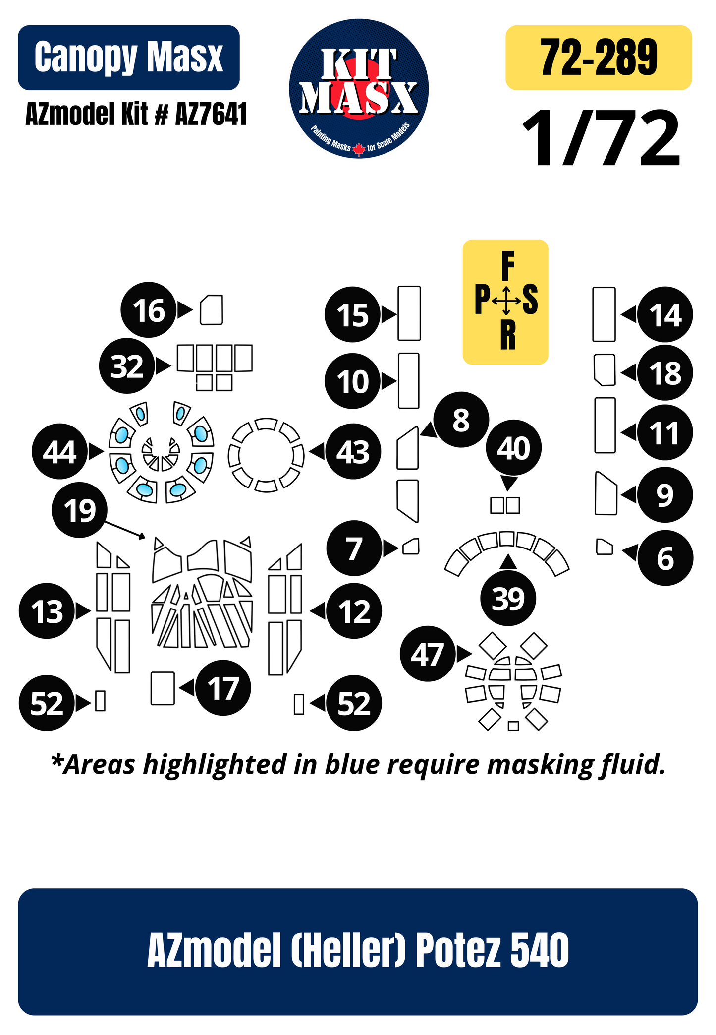 AZmodel (Heller) Potez 540 1/72 Canopy Paint Masks, Kit # AZ 7641
