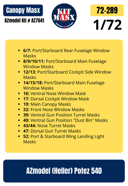AZmodel (Heller) Potez 540 1/72 Canopy Paint Masks, Kit # AZ 7641