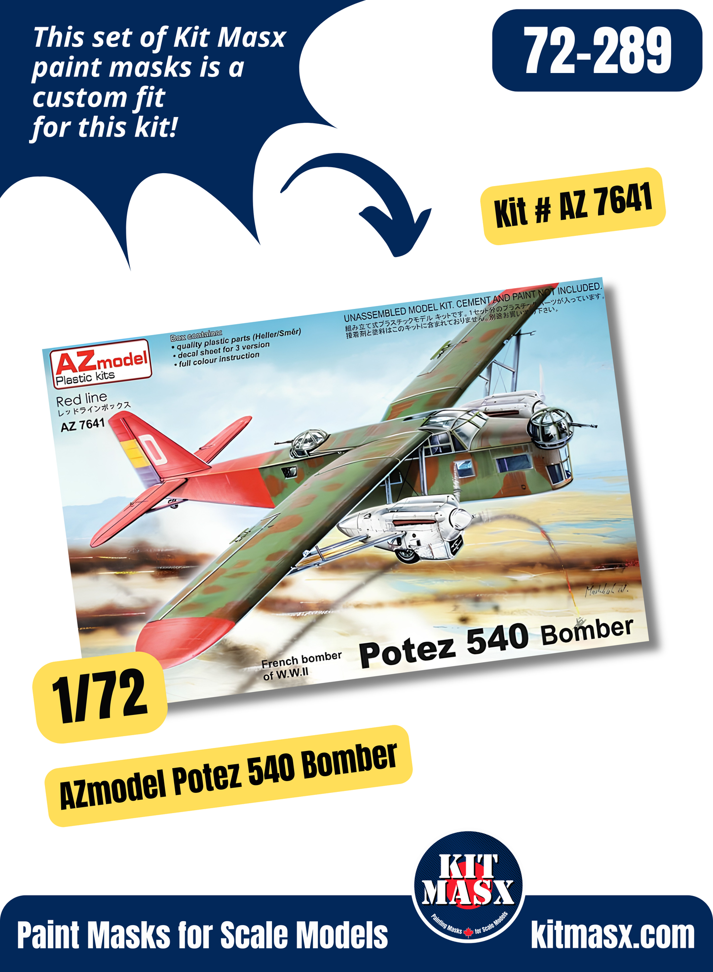 AZmodel (Heller) Potez 540 1/72 Canopy Paint Masks, Kit # AZ 7641
