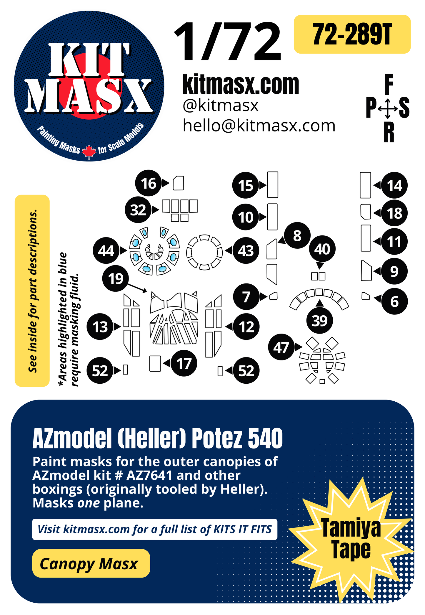 AZmodel (Heller) Potez 540 1/72 Canopy Paint Masks, Kit # AZ 7641