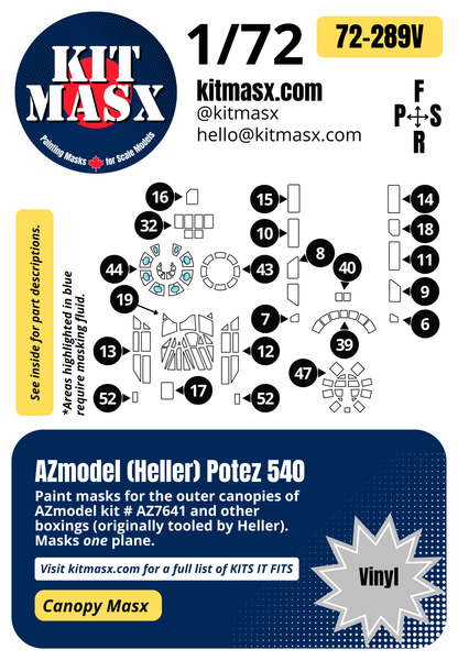 AZmodel (Heller) Potez 540 1/72 Canopy Paint Masks, Kit # AZ 7641