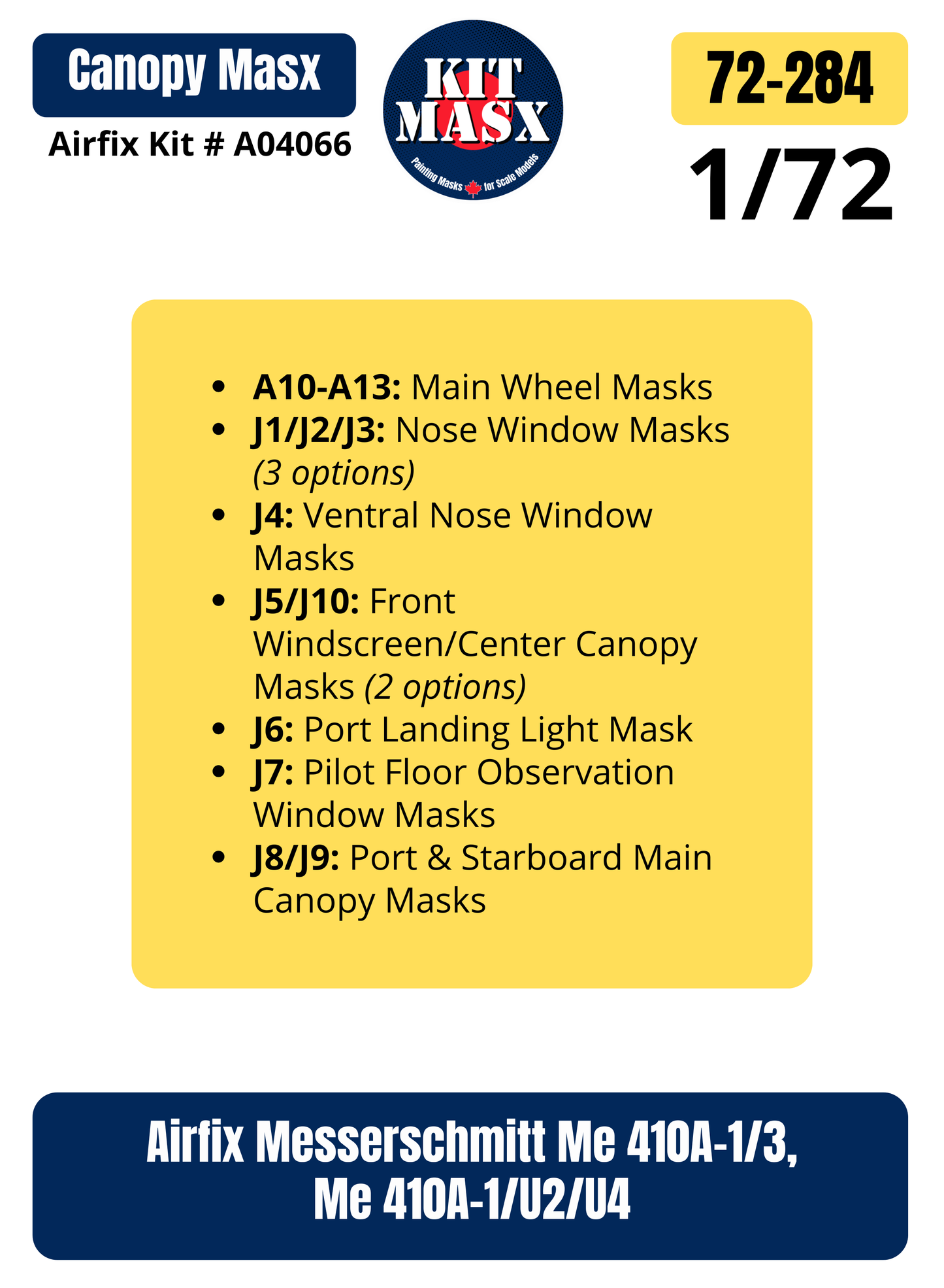 Airfix Messerschmitt Me 410A-1/3, Me 410A-1/U2/U4 1/72 Canopy & Wheel Paint Masks, Kit # A04066