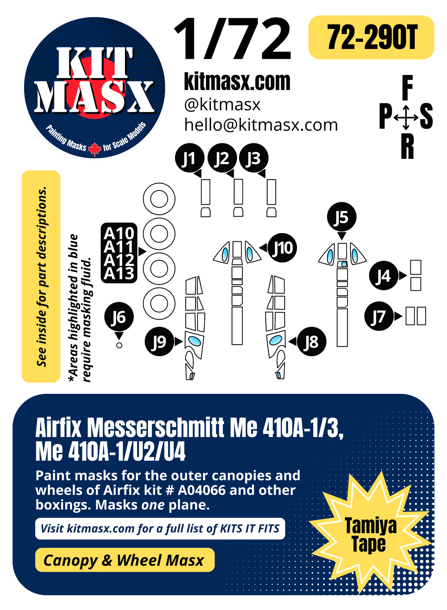 Airfix Messerschmitt Me 410A-1/3, Me 410A-1/U2/U4 1/72 Canopy & Wheel Paint Masks, Kit # A04066