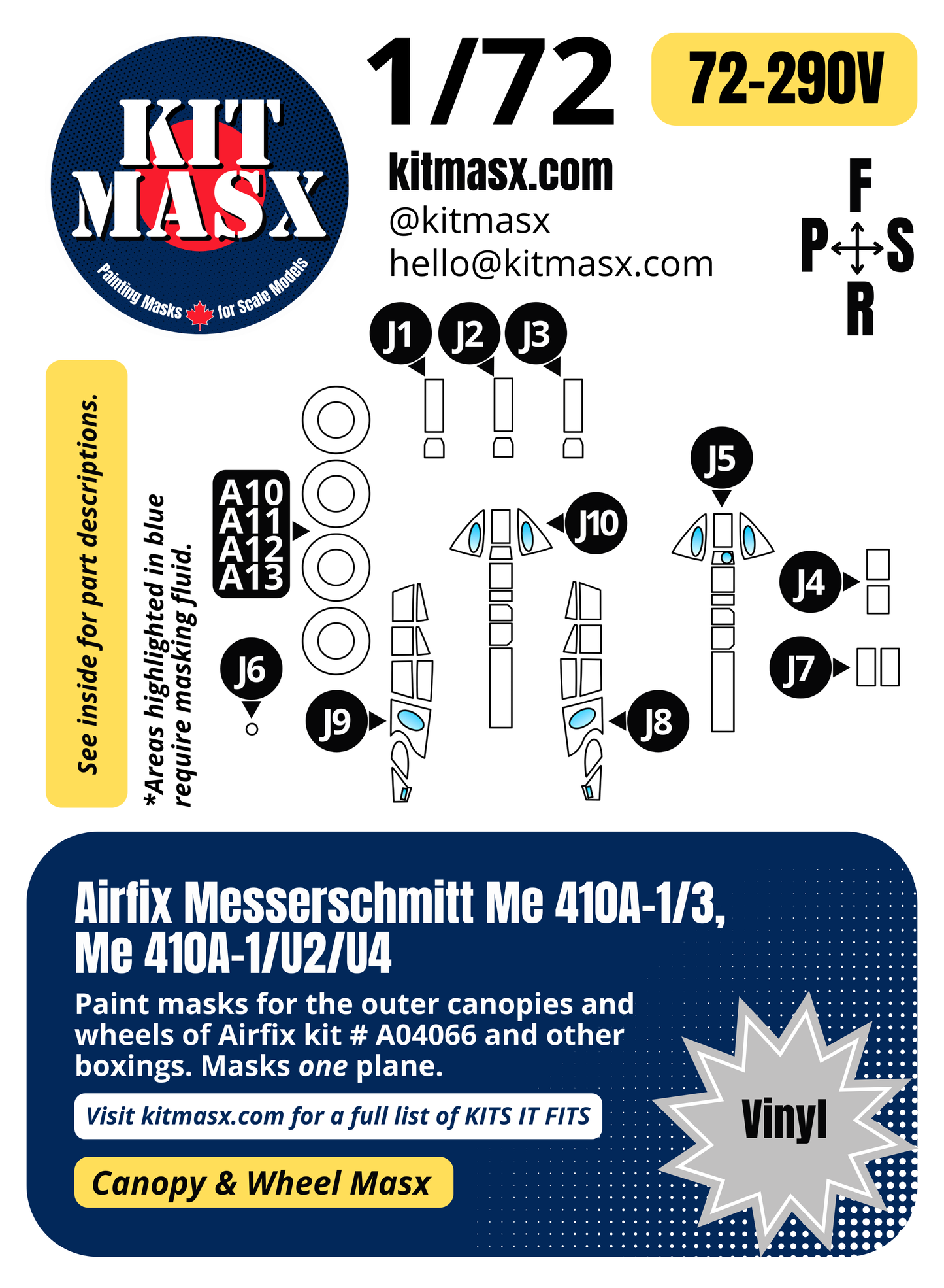 Airfix Messerschmitt Me 410A-1/3, Me 410A-1/U2/U4 1/72 Canopy & Wheel Paint Masks, Kit # A04066