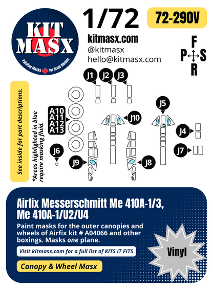 Airfix Messerschmitt Me 410A-1/3, Me 410A-1/U2/U4 1/72 Canopy & Wheel Paint Masks, Kit # A04066