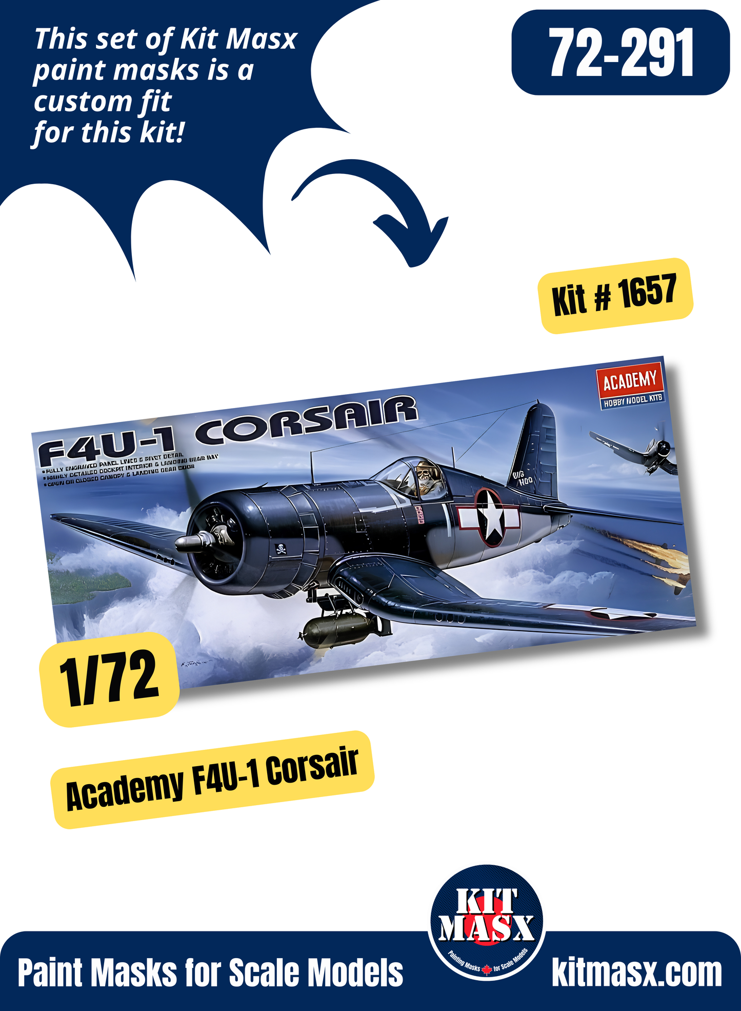 Academy Chance Vought F4U-1 Corsair 1/72 Canopy & Wheel Paint Masks, Kit # 1657 (72-291)