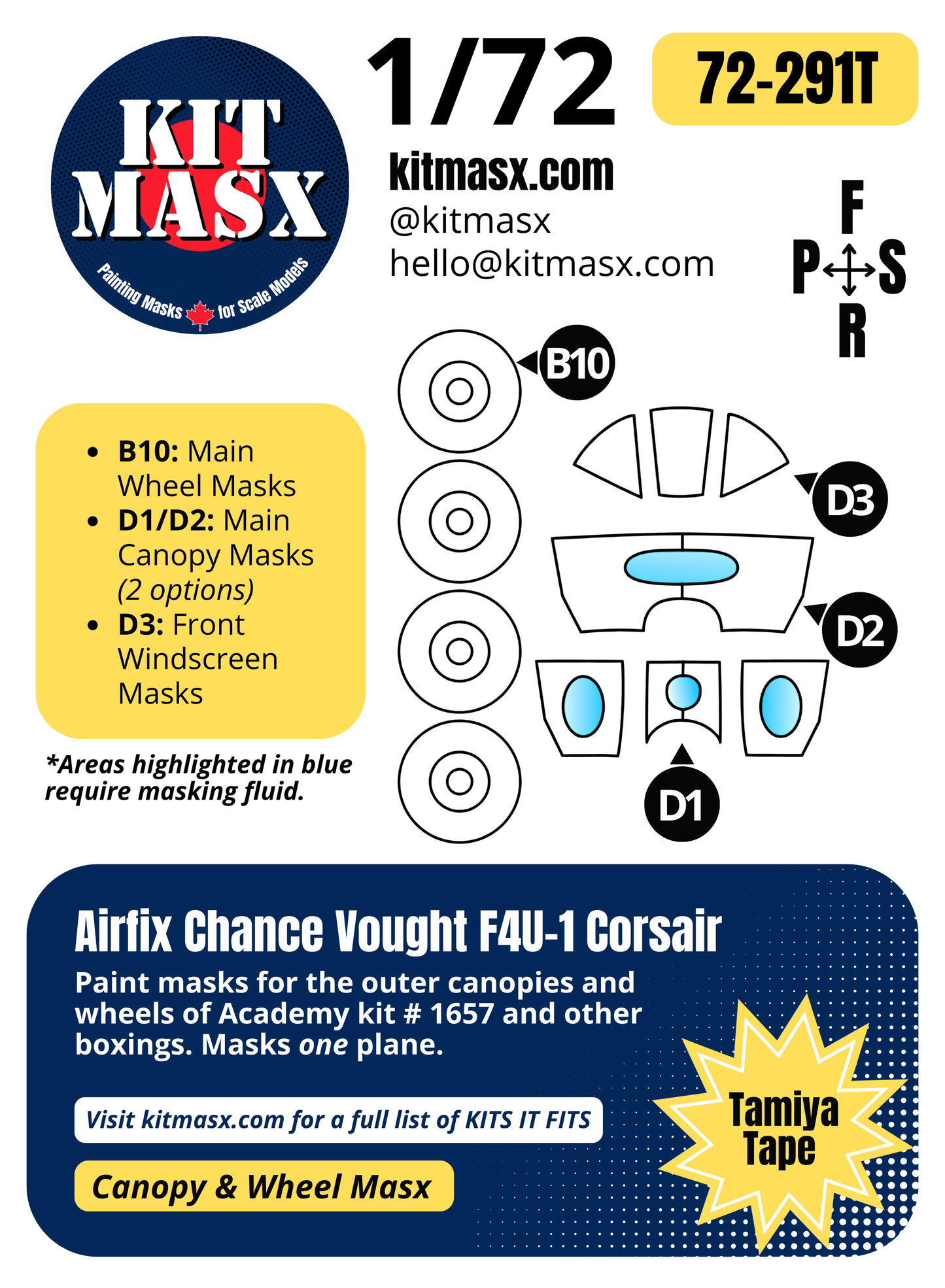 Academy Chance Vought F4U-1 Corsair 1/72 Canopy & Wheel Paint Masks, Kit # 1657 (72-291)