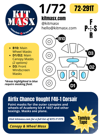 Academy Chance Vought F4U-1 Corsair 1/72 Canopy & Wheel Paint Masks, Kit # 1657 (72-291)