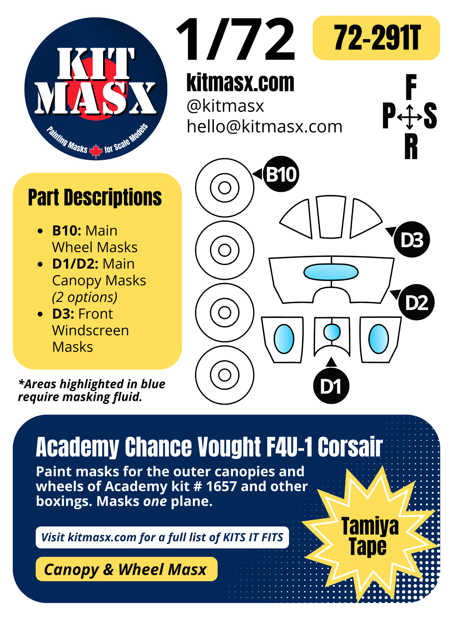 Academy Chance Vought F4U-1 Corsair 1/72 Canopy & Wheel Paint Masks, Kit # 1657 (72291)