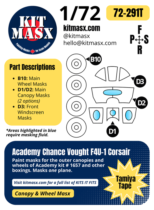 Academy Chance Vought F4U-1 Corsair 1/72 Canopy & Wheel Paint Masks, Kit # 1657 (72291)
