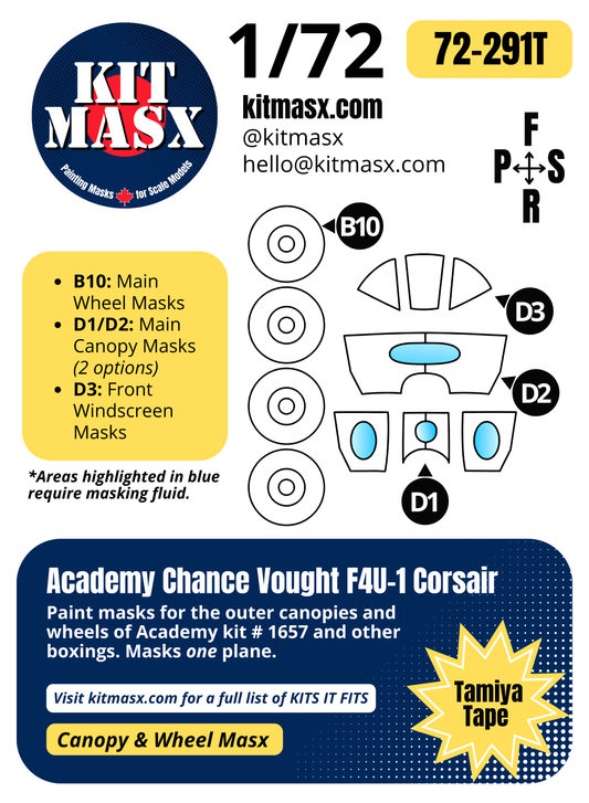 Academy Chance Vought F4U-1 Corsair 1/72 Canopy & Wheel Paint Masks, Kit # 1657 (72291)