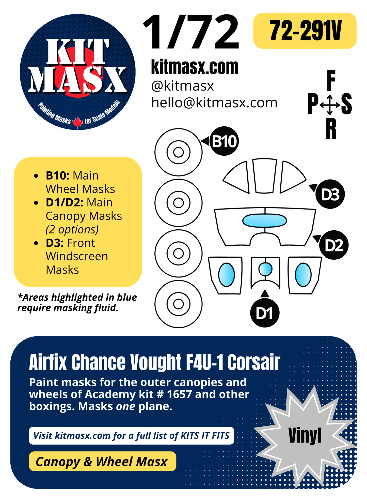 Academy Chance Vought F4U-1 Corsair 1/72 Canopy & Wheel Paint Masks, Kit # 1657 (72-291)
