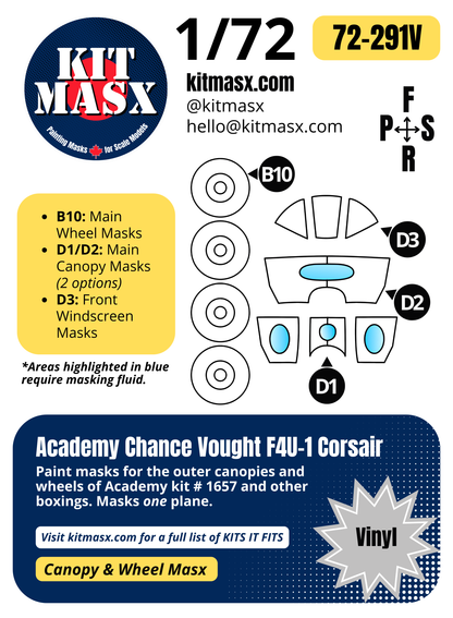 Academy Chance Vought F4U-1 Corsair 1/72 Canopy & Wheel Paint Masks, Kit # 1657 (72291)