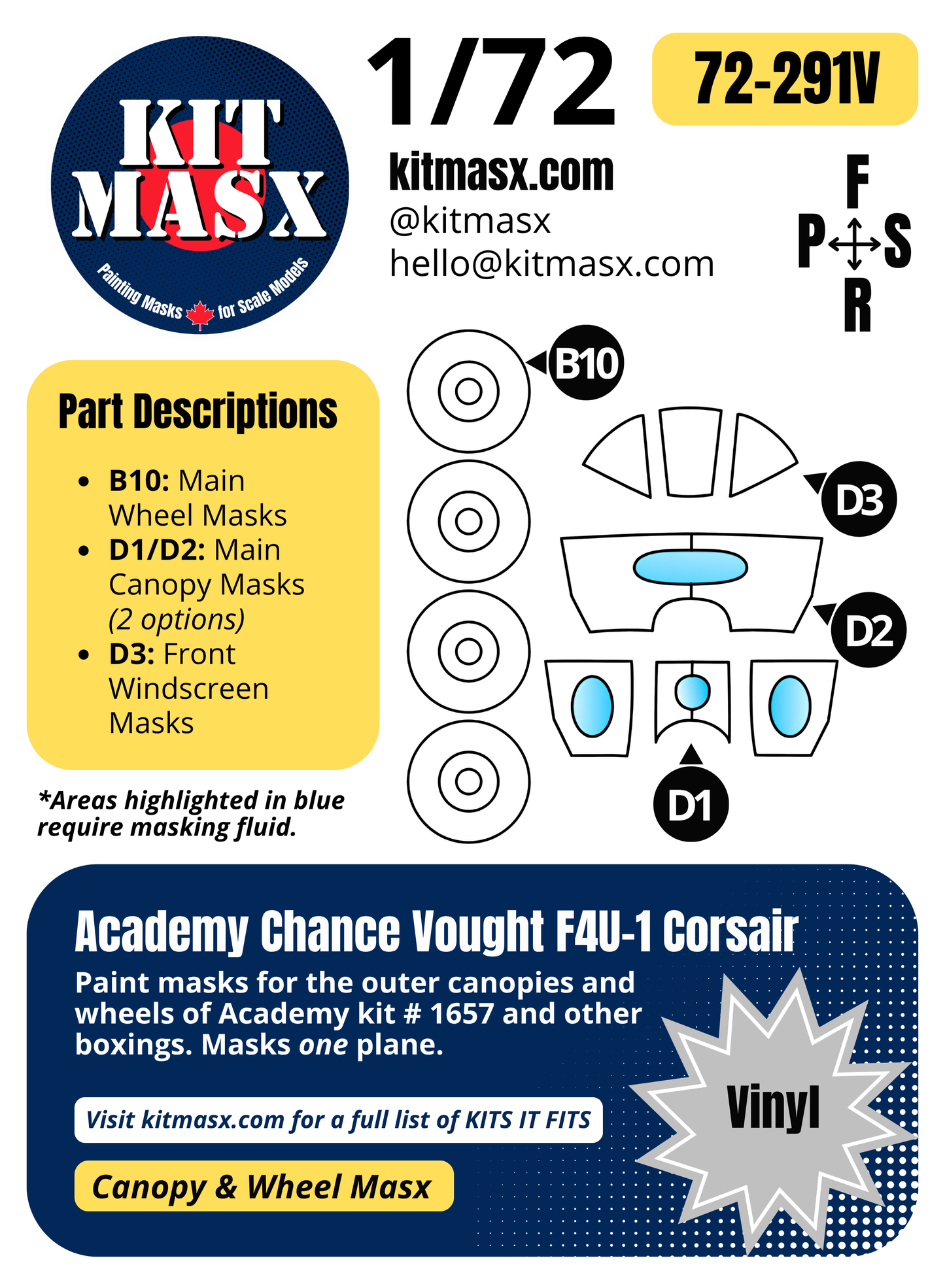 Academy Chance Vought F4U-1 Corsair 1/72 Canopy & Wheel Paint Masks, Kit # 1657 (72291)