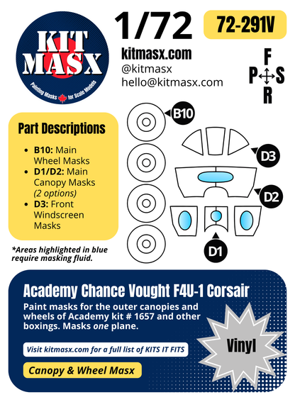 Academy Chance Vought F4U-1 Corsair 1/72 Canopy & Wheel Paint Masks, Kit # 1657 (72291)