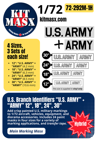 U.S. Branch Identifiers "U.S. ARMY" + "ARMY" 12-inch, 18-inch, 24-inch, 30-inch 1/72 Main Marking Paint Masks (72292M1)