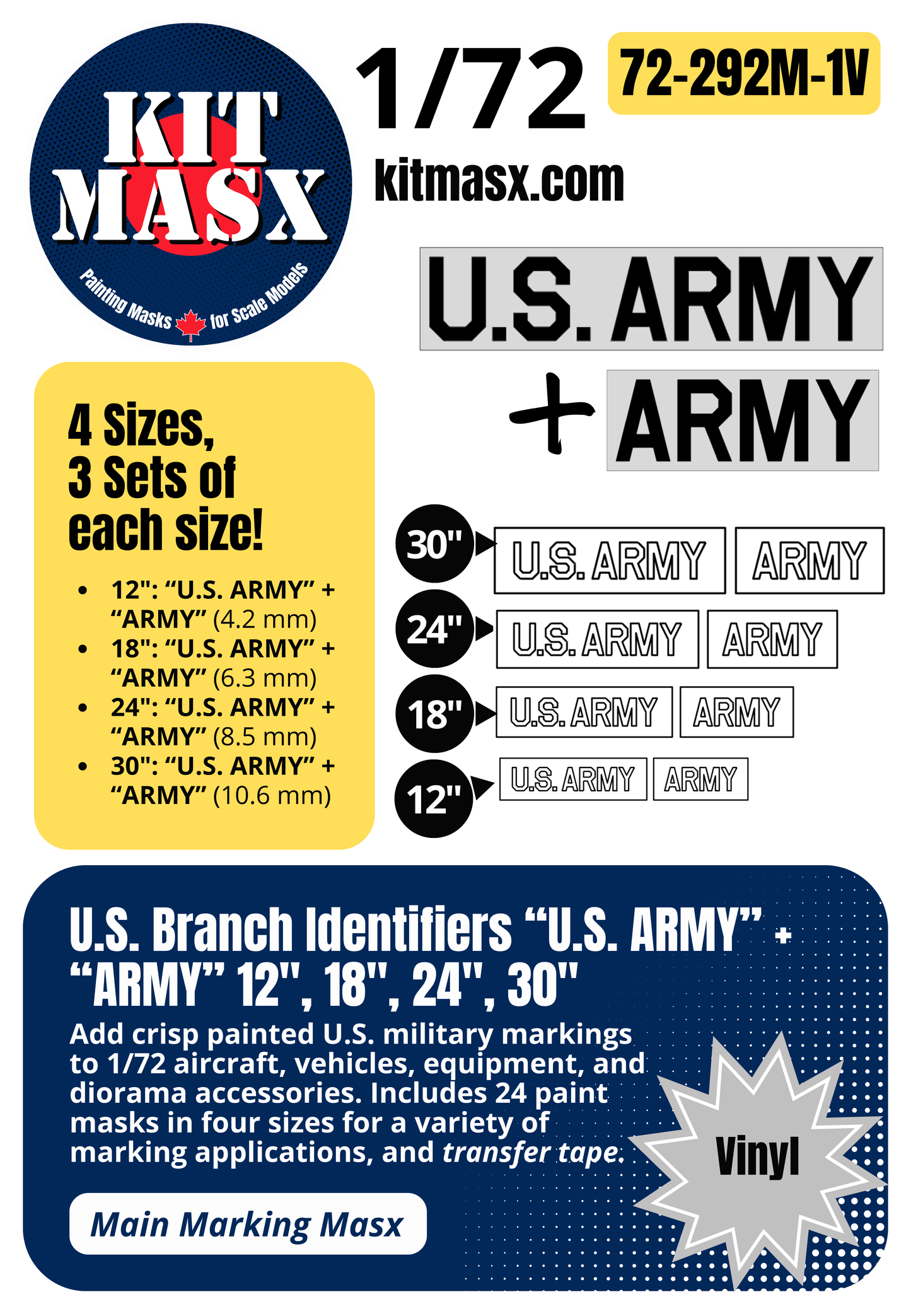 U.S. Branch Identifiers "U.S. ARMY" + "ARMY" 12-inch, 18-inch, 24-inch, 30-inch 1/72 Main Marking Paint Masks (72292M1)