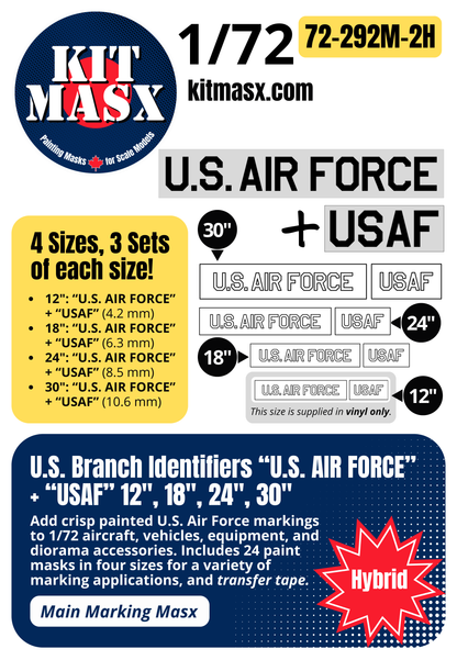 U.S. Branch Identifiers "U.S. AIR FORCE" + "USAF" 12-inch, 18-inch, 24-inch, 30-inch 1/72 Main Marking Paint Masks (72292M2)