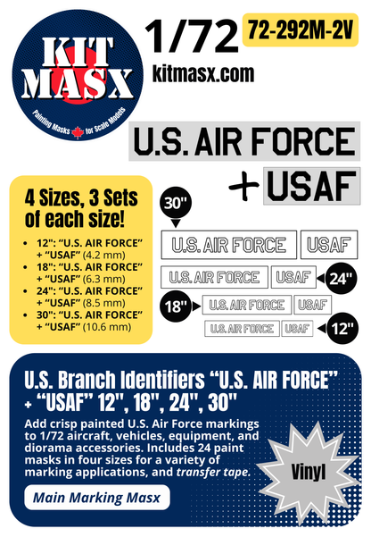 U.S. Branch Identifiers "U.S. AIR FORCE" + "USAF" 12-inch, 18-inch, 24-inch, 30-inch 1/72 Main Marking Paint Masks (72292M2)