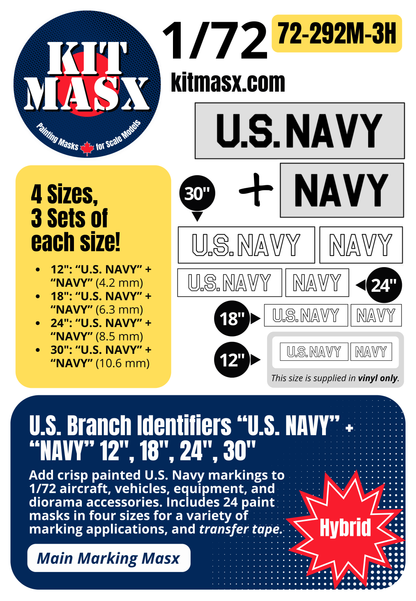 U.S. Branch Identifiers "U.S. NAVY" + "NAVY" 12-inch, 18-inch, 24-inch, 30-inch 1/72 Main Marking Paint Masks (72292M3)
