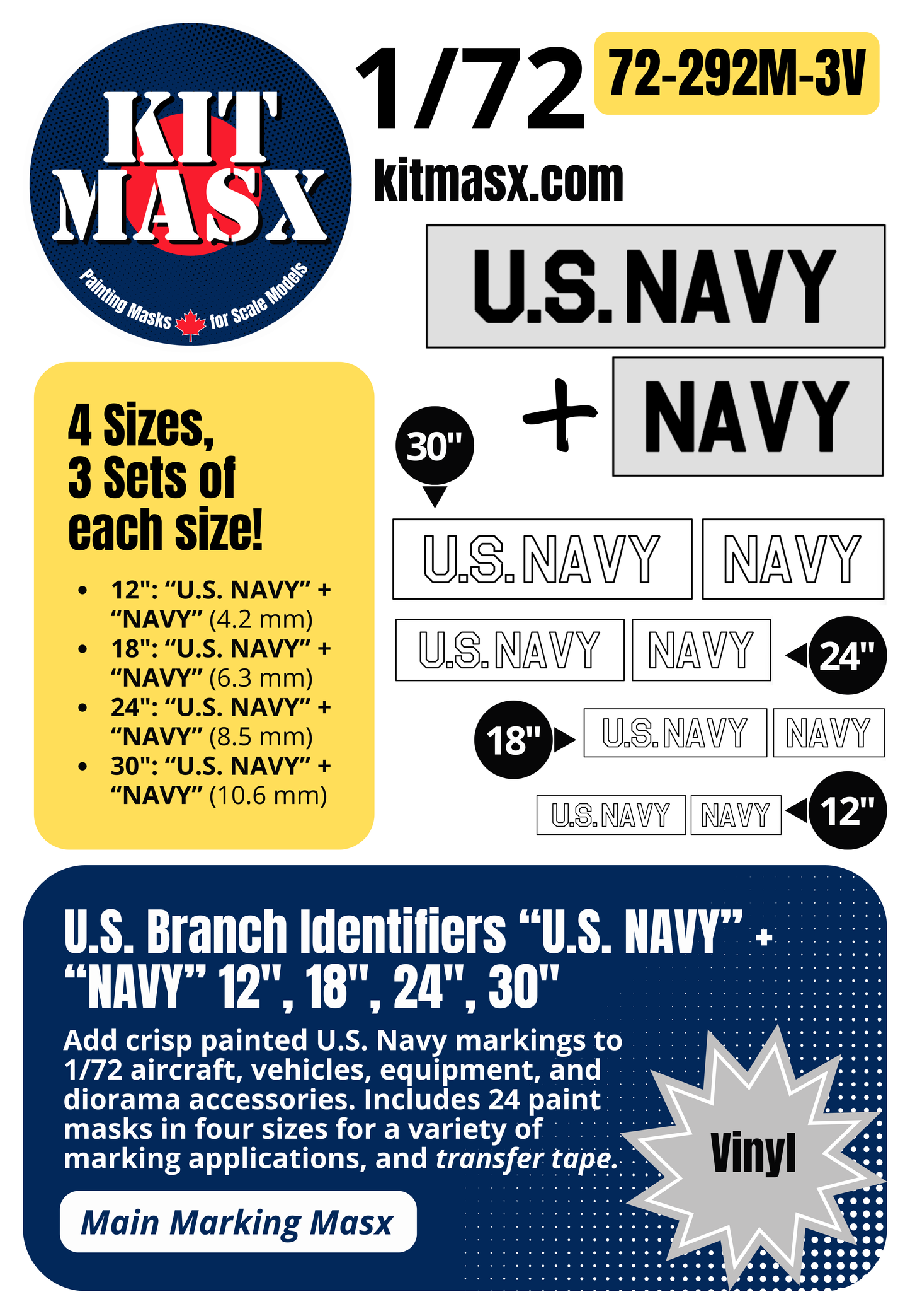 U.S. Branch Identifiers "U.S. NAVY" + "NAVY" 12-inch, 18-inch, 24-inch, 30-inch 1/72 Main Marking Paint Masks (72292M3)