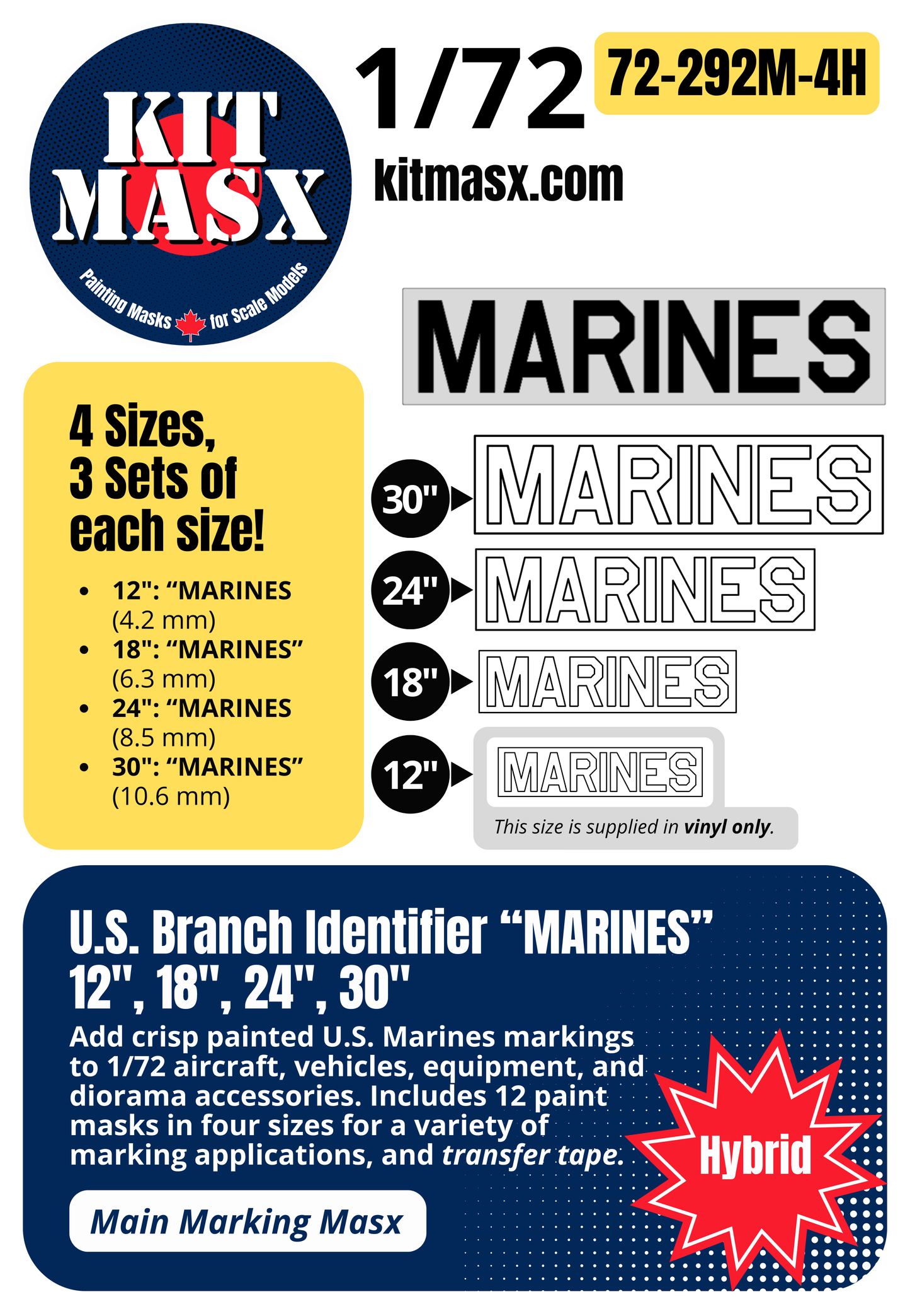 U.S. Branch Identifier "MARINES" 12-inch, 18-inch, 24-inch, 30-inch 1/72 Main Marking Paint Masks (72292M4)