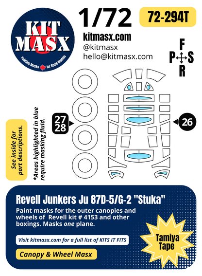 Revell Junkers Ju 87D-5/G-2 "Stuka" 1/72 Canopy & Wheel Paint Masks, Kit # 4153 (72294)
