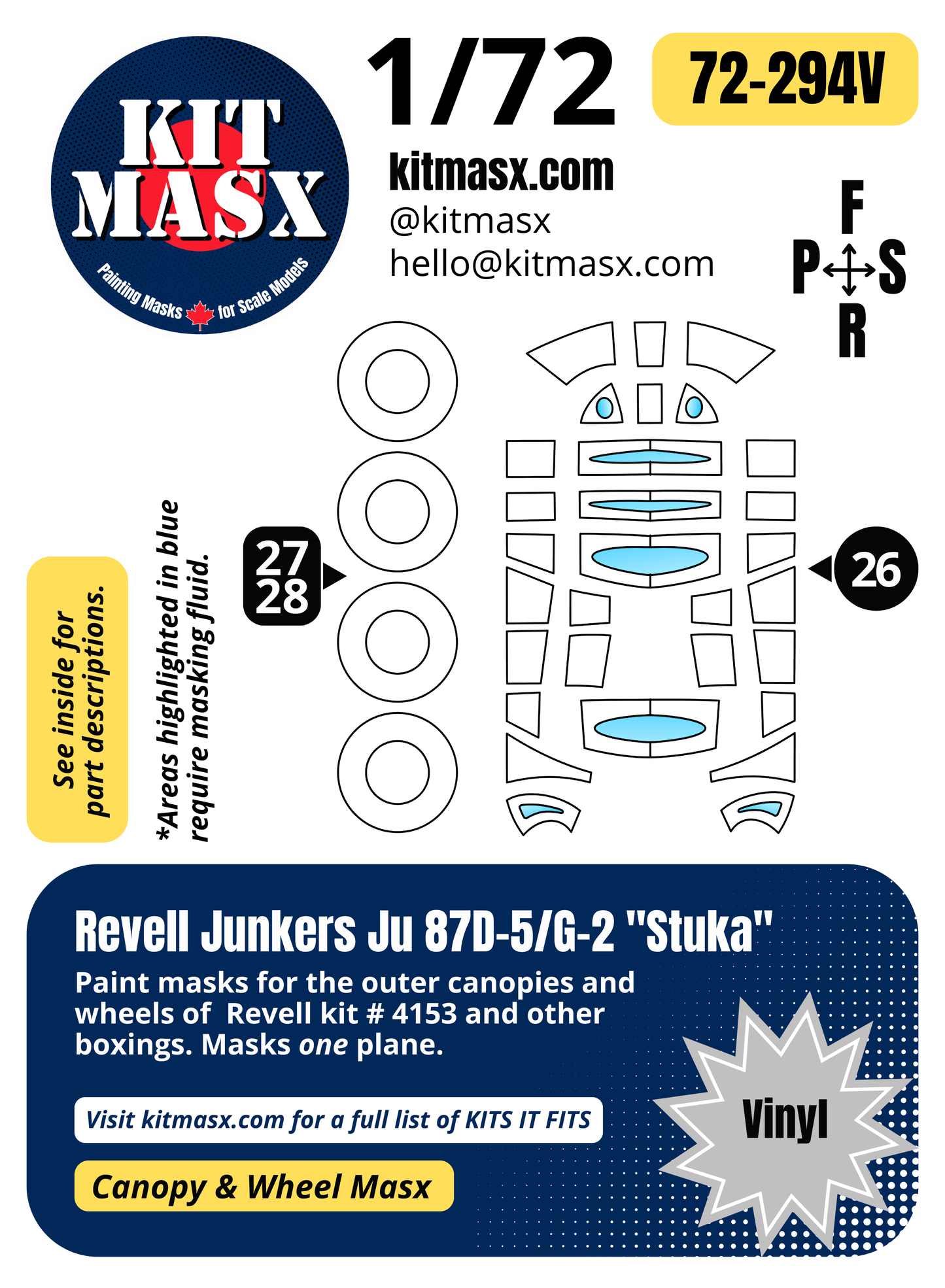 Revell Junkers Ju 87D-5/G-2 "Stuka" 1/72 Canopy & Wheel Paint Masks, Kit # 4153 (72294)