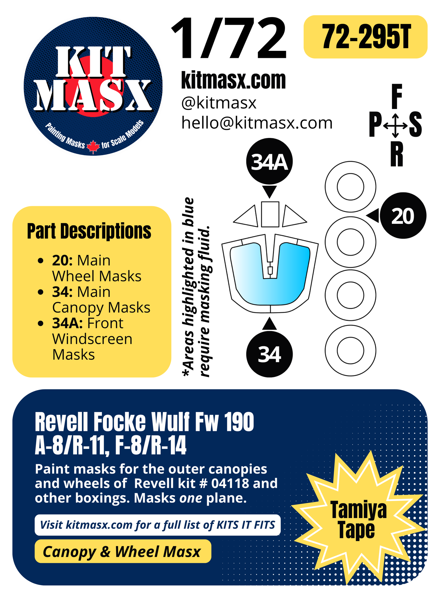 Revell Focke Wulf Fw 190 A-8/R-11, F-8/R-14 1/72 Canopy & Wheel Paint Masks, Kit # 04118 (72295)