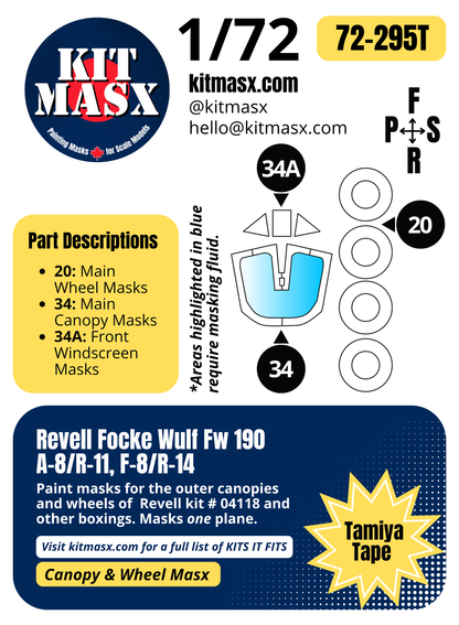 Revell Focke Wulf Fw 190 A-8/R-11, F-8/R-14 1/72 Canopy & Wheel Paint Masks, Kit # 04118 (72295)