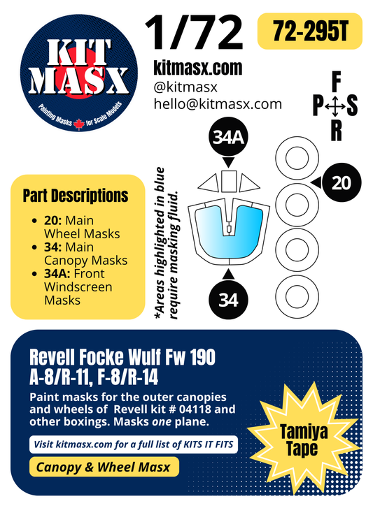 Revell Focke Wulf Fw 190 A-8/R-11, F-8/R-14 1/72 Canopy & Wheel Paint Masks, Kit # 04118 (72295)