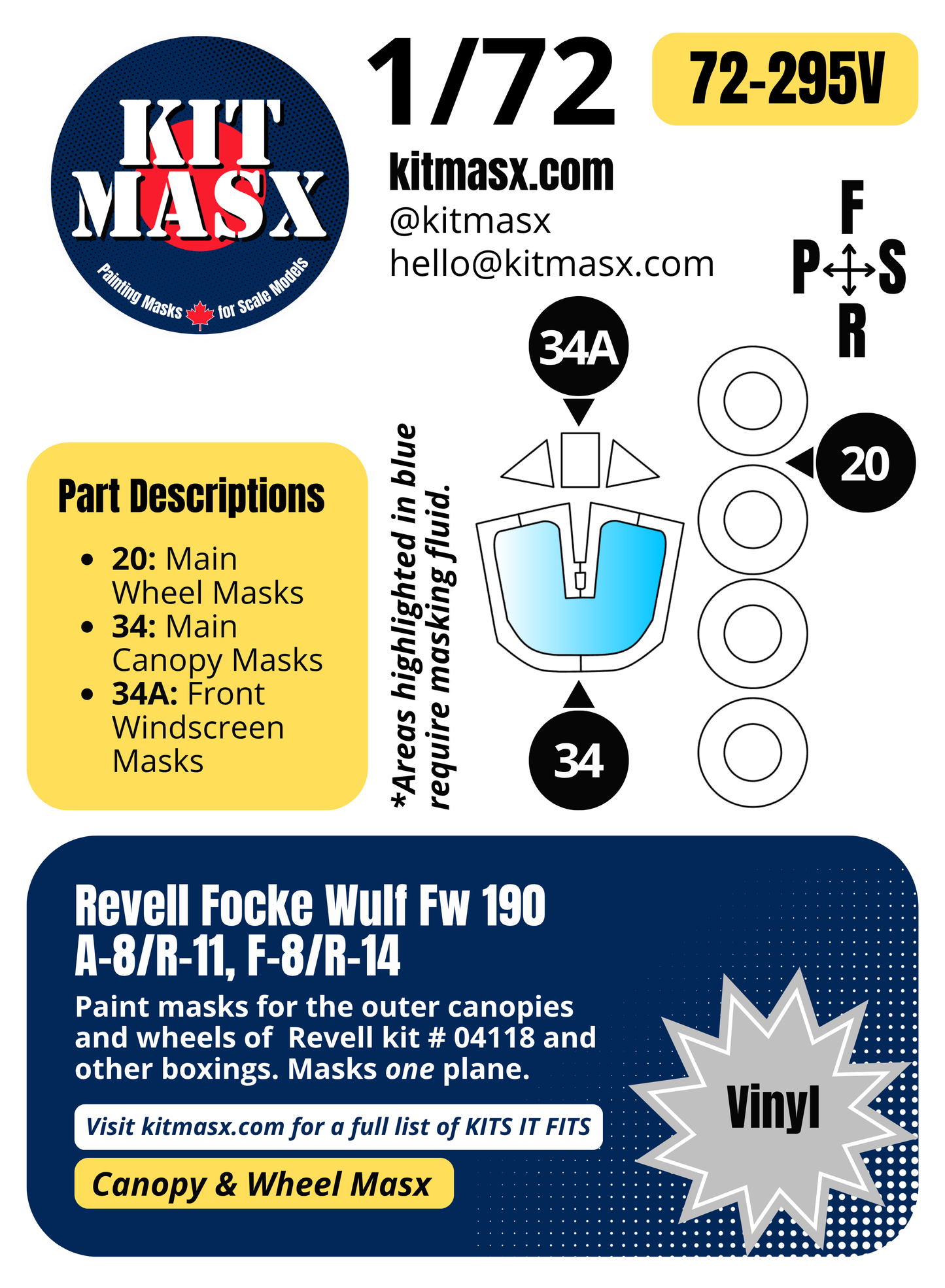 Revell Focke Wulf Fw 190 A-8/R-11, F-8/R-14 1/72 Canopy & Wheel Paint Masks, Kit # 04118 (72295)