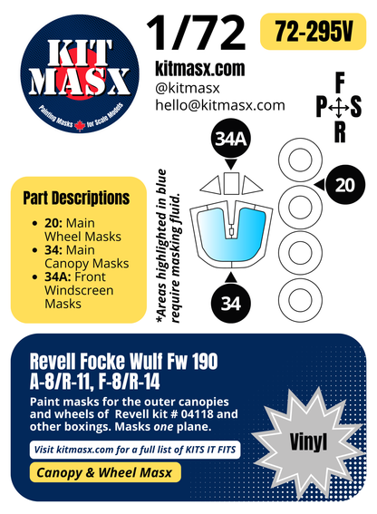 Revell Focke Wulf Fw 190 A-8/R-11, F-8/R-14 1/72 Canopy & Wheel Paint Masks, Kit # 04118 (72295)