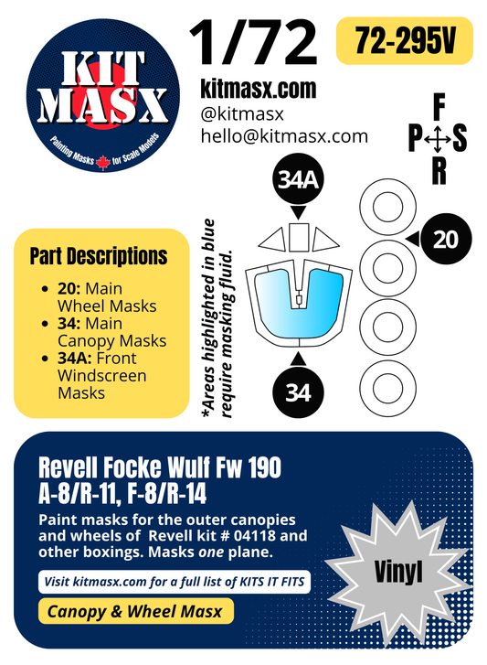 Revell Focke Wulf Fw 190 A-8/R-11, F-8/R-14 1/72 Canopy & Wheel Paint Masks, Kit # 04118 (72295)