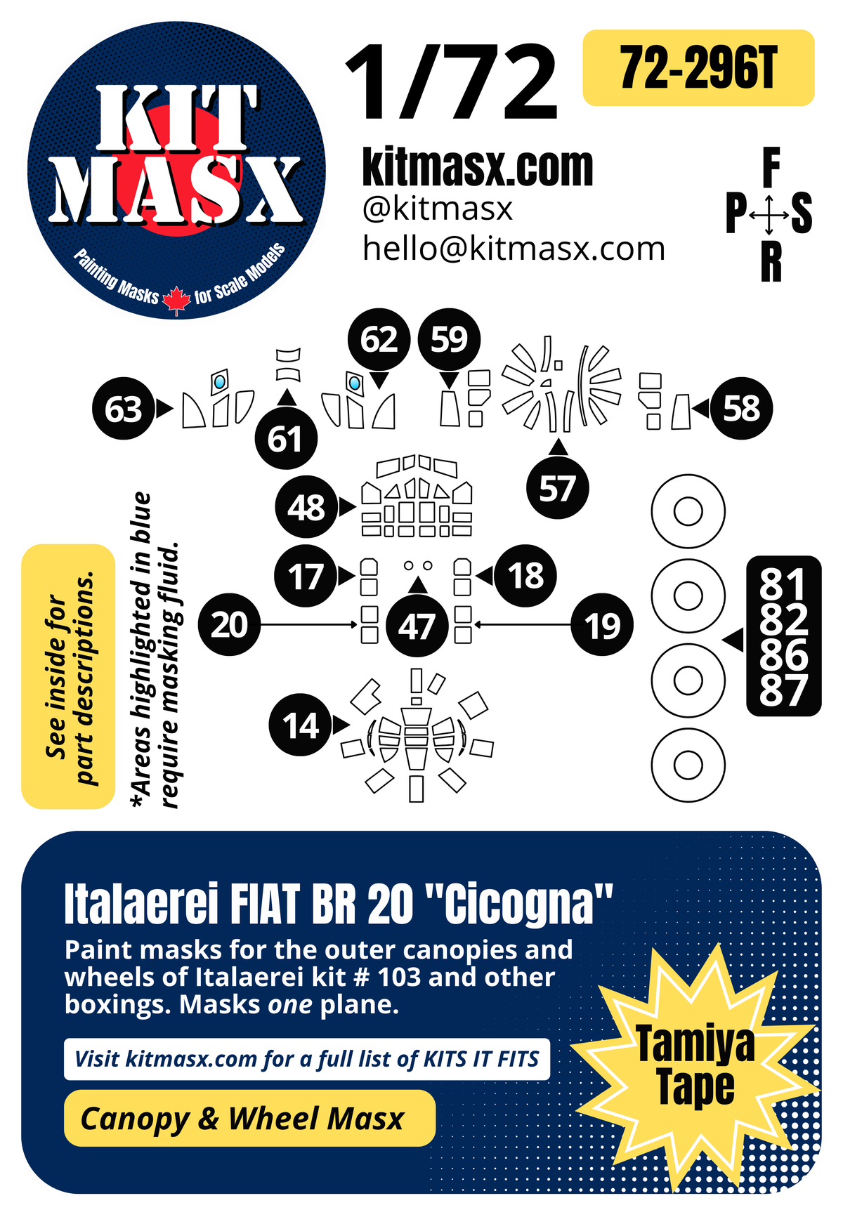 Italaerei FIAT BR 20 "Cicogna" 1/72 Canopy & Wheel Paint Masks, Kit # 103 (72296)
