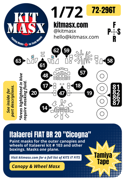 Italaerei FIAT BR 20 "Cicogna" 1/72 Canopy & Wheel Paint Masks, Kit # 103 (72296)