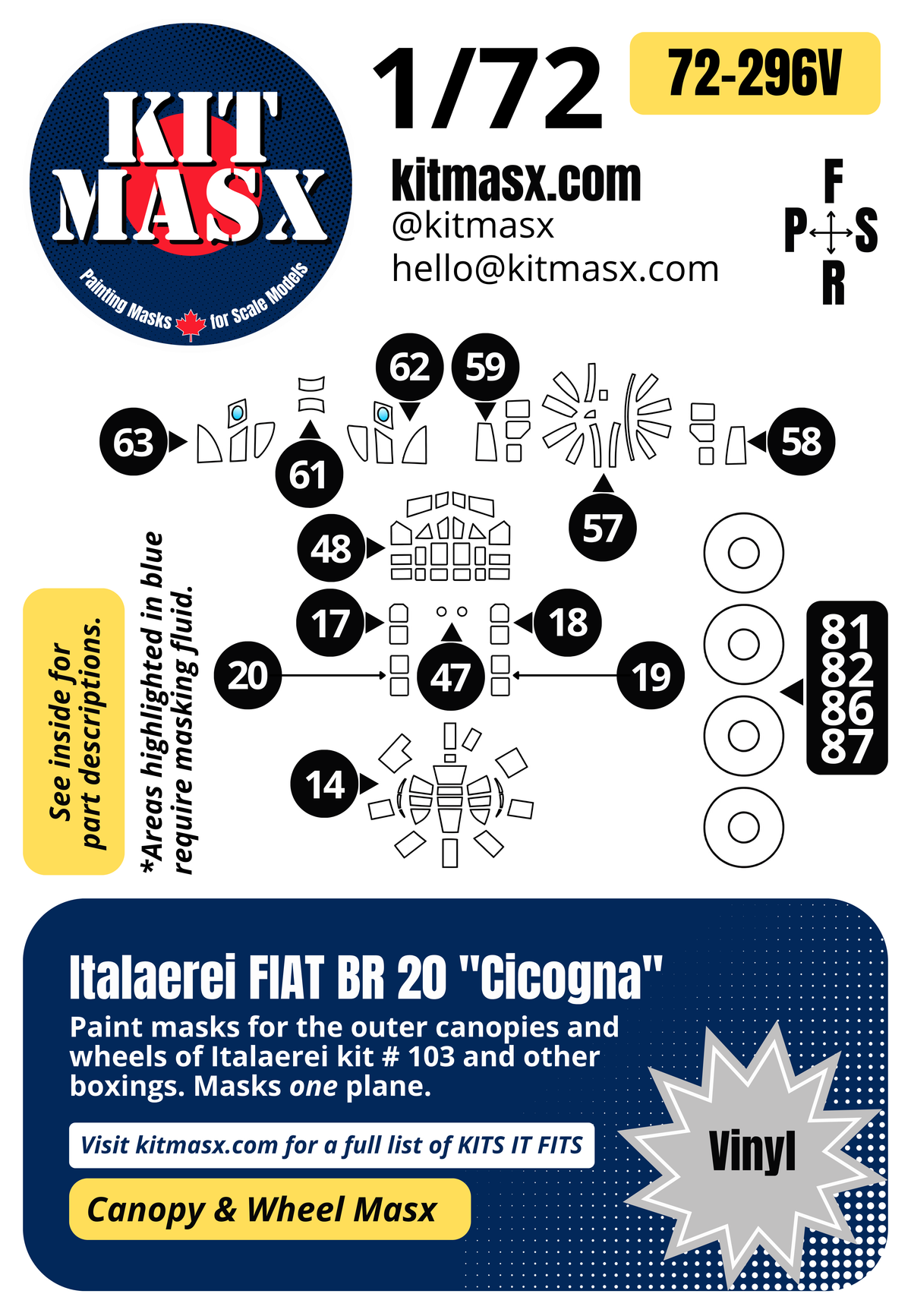 Italaerei FIAT BR 20 "Cicogna" 1/72 Canopy & Wheel Paint Masks, Kit # 103 (72296)