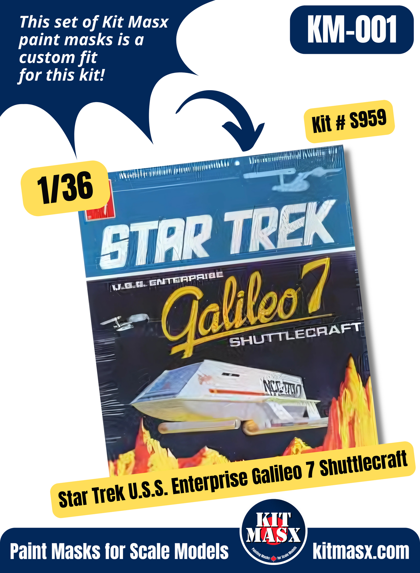 AMT Star Trek U.S.S. Enterprise Galileo 7 Shuttlecraft 1/36 Main Marking Paint Masks, Kit # S959