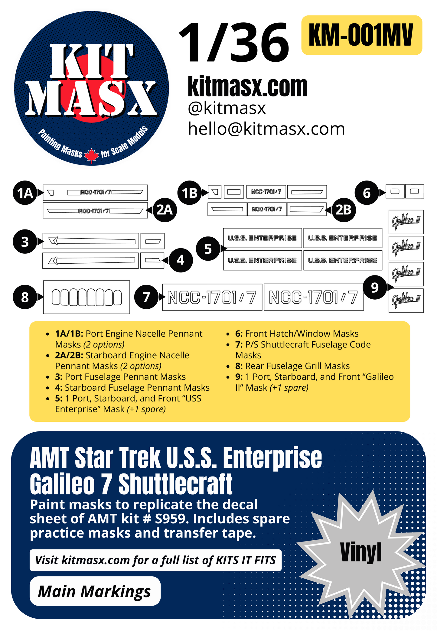 AMT Star Trek U.S.S. Enterprise Galileo 7 Shuttlecraft 1/36 Main Marking Paint Masks, Kit # S959