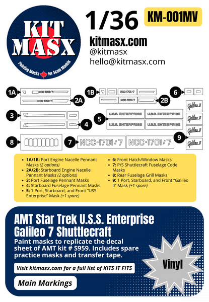 AMT Star Trek U.S.S. Enterprise Galileo 7 Shuttlecraft 1/36 Main Marking Paint Masks, Kit # S959