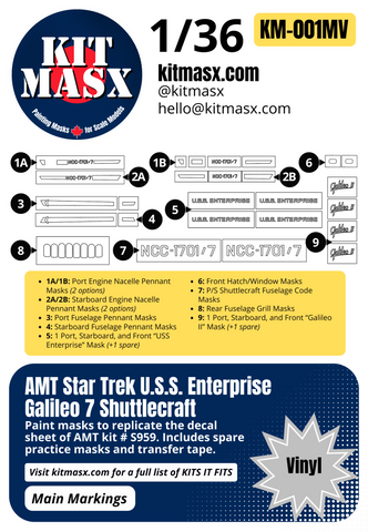 AMT Star Trek U.S.S. Enterprise Galileo 7 Shuttlecraft 1/36 Main Marking Paint Masks, Kit # S959